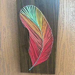 Colorful String Art Feather on Wood